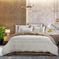 Donatella 400 thread queen duvet cover set in cream and stone with a Greek key border design.