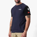 Fox Mens Rs Short Sleeve Tee in navy and black, featuring white Fox logos on the chest and sleeve, worn by a man with