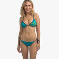 Fox Womens Streamline Triangle Bikini Costume in teal with a yellow logo, full body shot on a smiling model.