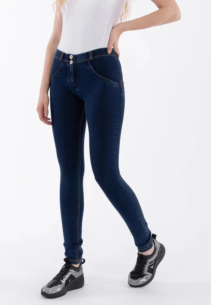 FREDDY WOMENS DARK BLUE YELLOW STITCH REGULAR WAIST LONG LENGTH JEAN | Freddy
