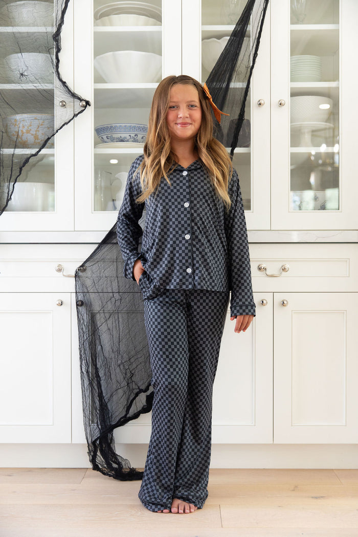 GREY + BLACK MINI CHECKER | GIRLS' BUTTON UP LONG SLEEVE SET