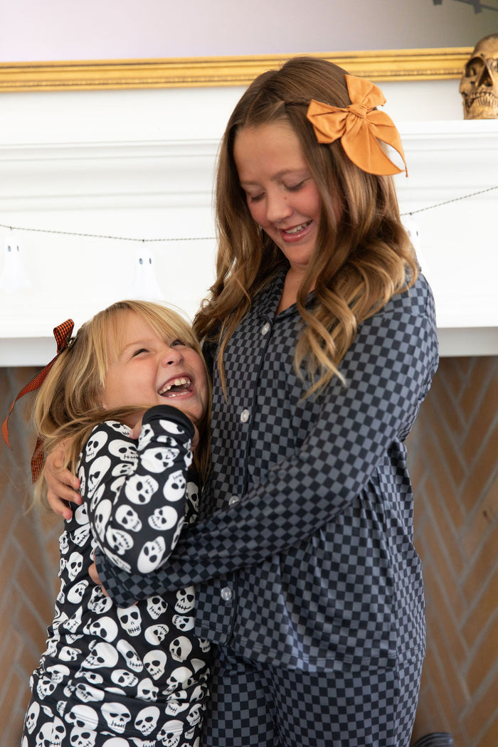 GREY + BLACK MINI CHECKER | GIRLS' BUTTON UP LONG SLEEVE SET