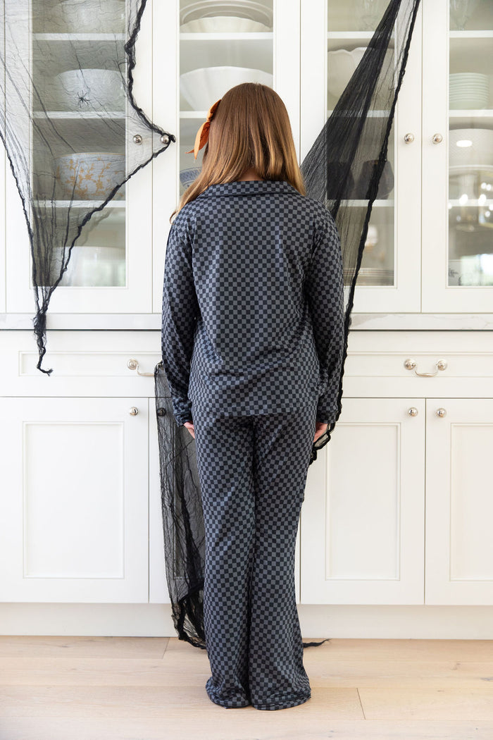 GREY + BLACK MINI CHECKER | GIRLS' BUTTON UP LONG SLEEVE SET