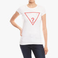 Guess Ladies Core Triangle Short Sleeve Tee in true white, featuring the iconic red triangle logo, worn by a female model.