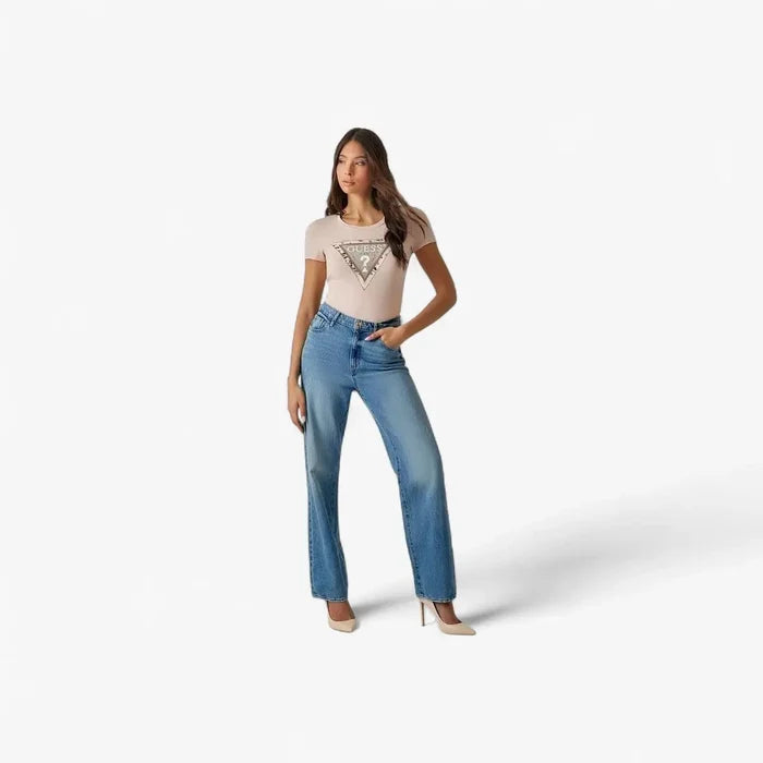 Guess Womens Cheeta Logo Triangle Short Sleeve Tee Rose | Guess