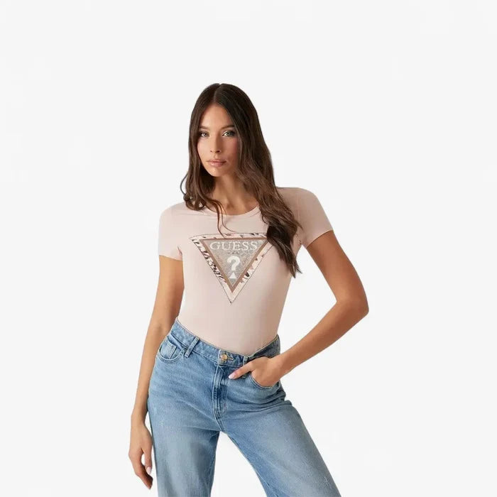Guess Womens Cheeta Logo Triangle Short Sleeve Tee Rose | Guess