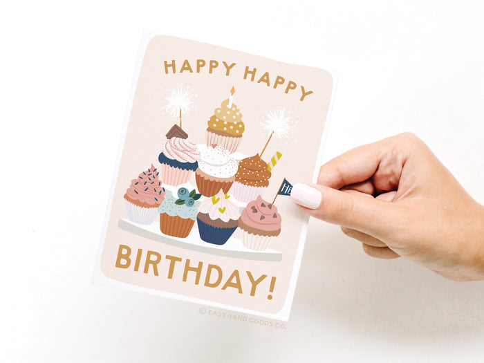 Happy Happy Birthday Cupcake Stand Greeting Card - Onderkast Studio