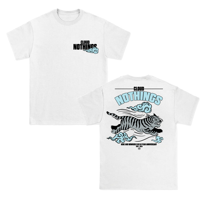 This Cloud Nothings white T-shirt features bold Cloud Nothings text, a standout tiger and swirling clouds graphic on the back, and special text marking the 10th Anniversary.