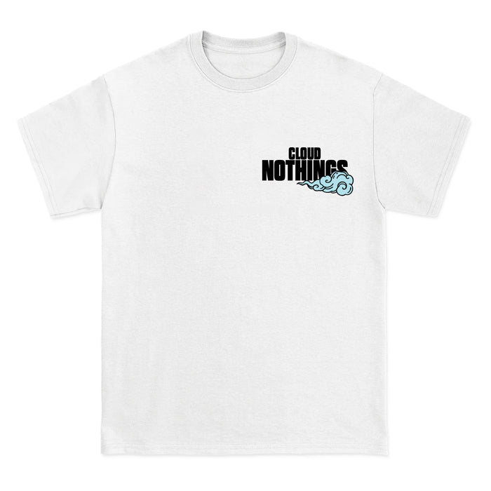 A white Cloud Nothings T-shirt featuring the band name in bold black on the upper left chest, next to a small blue wave graphic.
