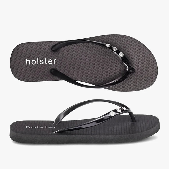 Two Holster women's black glitter holiday slops, also known as flip-flops, with sparkling rhinestone embellished straps,