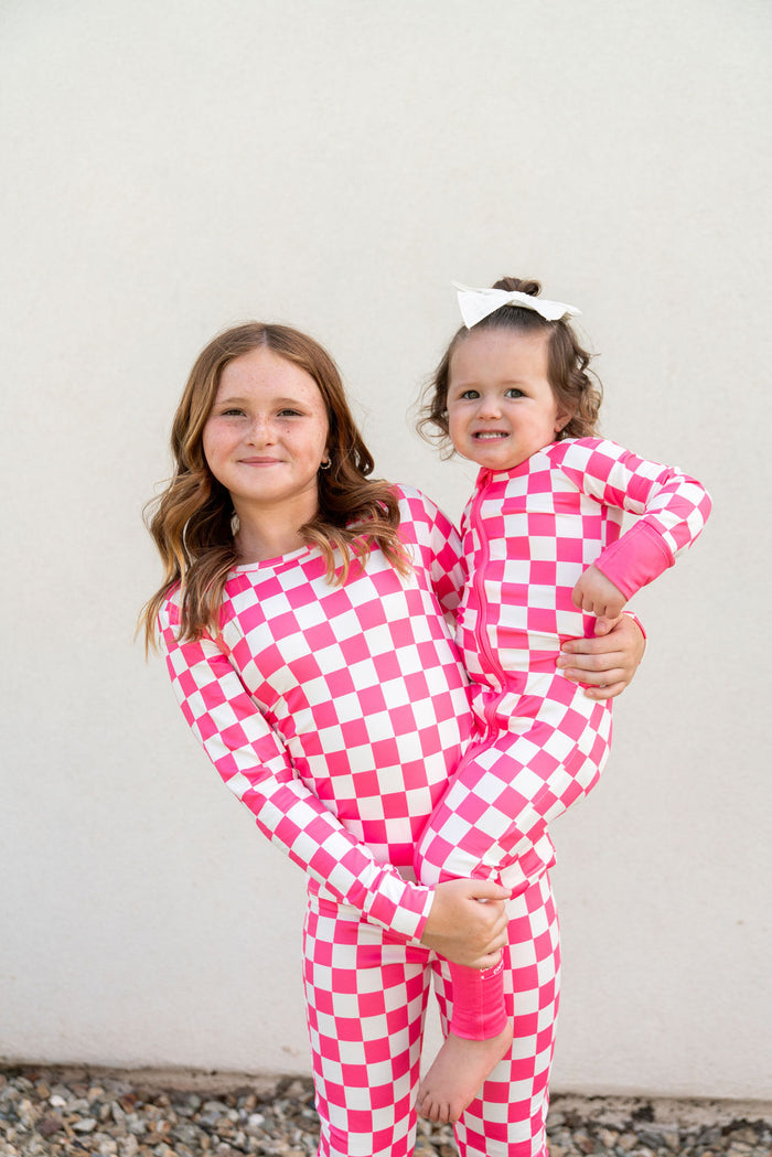 HOT PINK + WHITE CHECKER | ZIPPER ONE PIECE