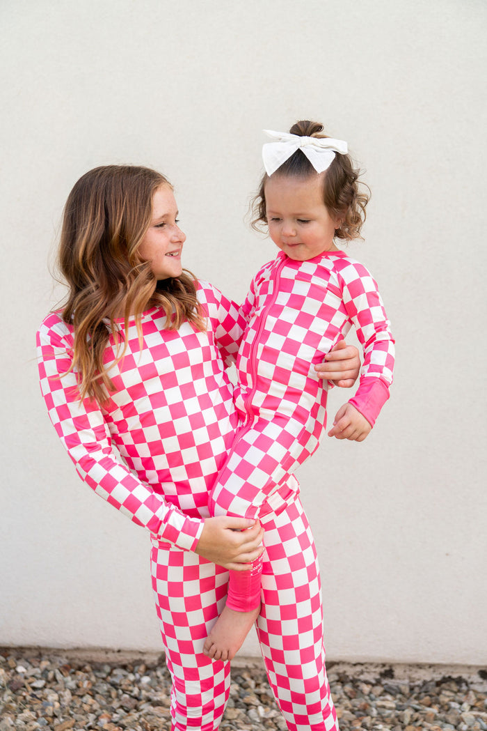 HOT PINK + WHITE CHECKER | ZIPPER ONE PIECE