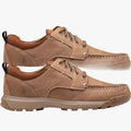 Hush Puppies Mens Pumba Cow Galilo Leather Shoe in brown, featuring a durable sole and classic lacing, viewed from the side.