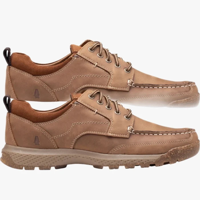 Hush Puppies Mens Pumba Cow Galilo Leather Shoe in brown, featuring a durable sole and classic lacing, viewed from the side.