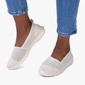 Hush Puppies Womens Nani Lurex Slip On Shoe in Lurex Ivory, featuring a perforated knit design.