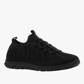Hush Puppies Women's Nansia sneaker in black, featuring a knitted upper and convenient toggle laces for a comfortable