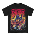 A Galactic Empire black T-shirt with a vivid hooded figure above roaring dinosaurs and battling warriors, set against intense flames and rocks, topped by a red jagged band logo.