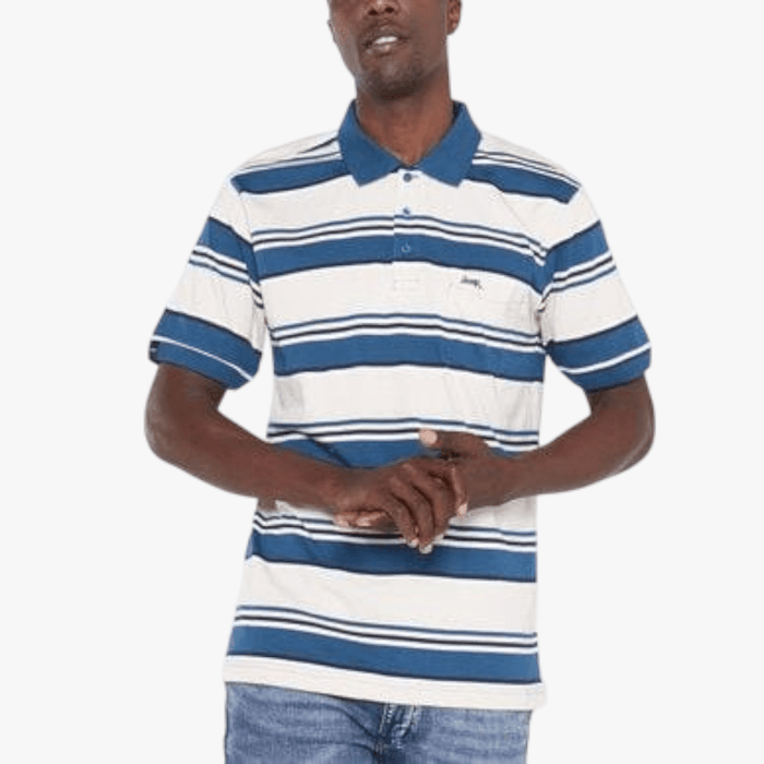 Jeep Mens Multi Stripe Short Sleeve Golfer Deep Ocean Khaki Surch | Jeep