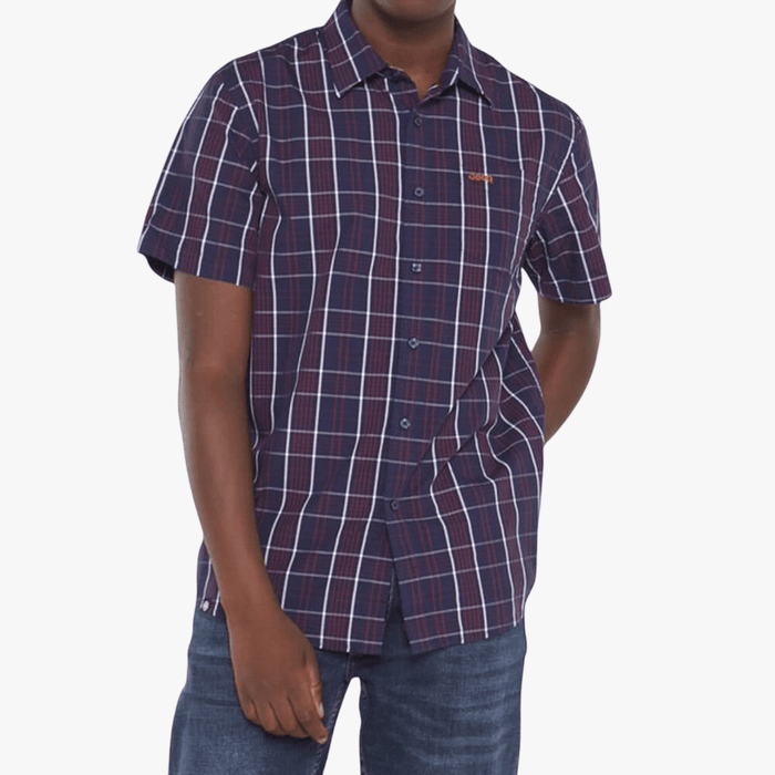 Jeep Mens Td Check Short Sleeve Shirt Navy Red | Jeep