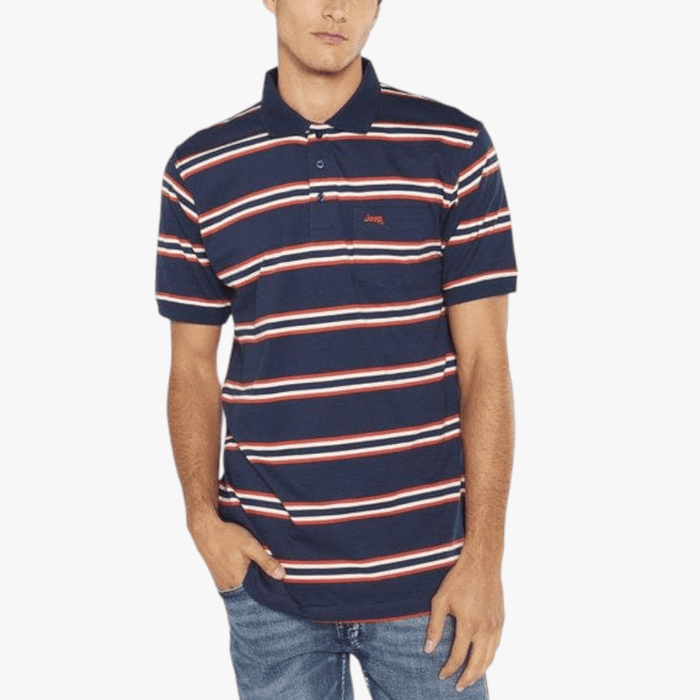 Jeep Mens Yd Multi Stripe Short Sleeve Golfer Navy Orange | Jeep