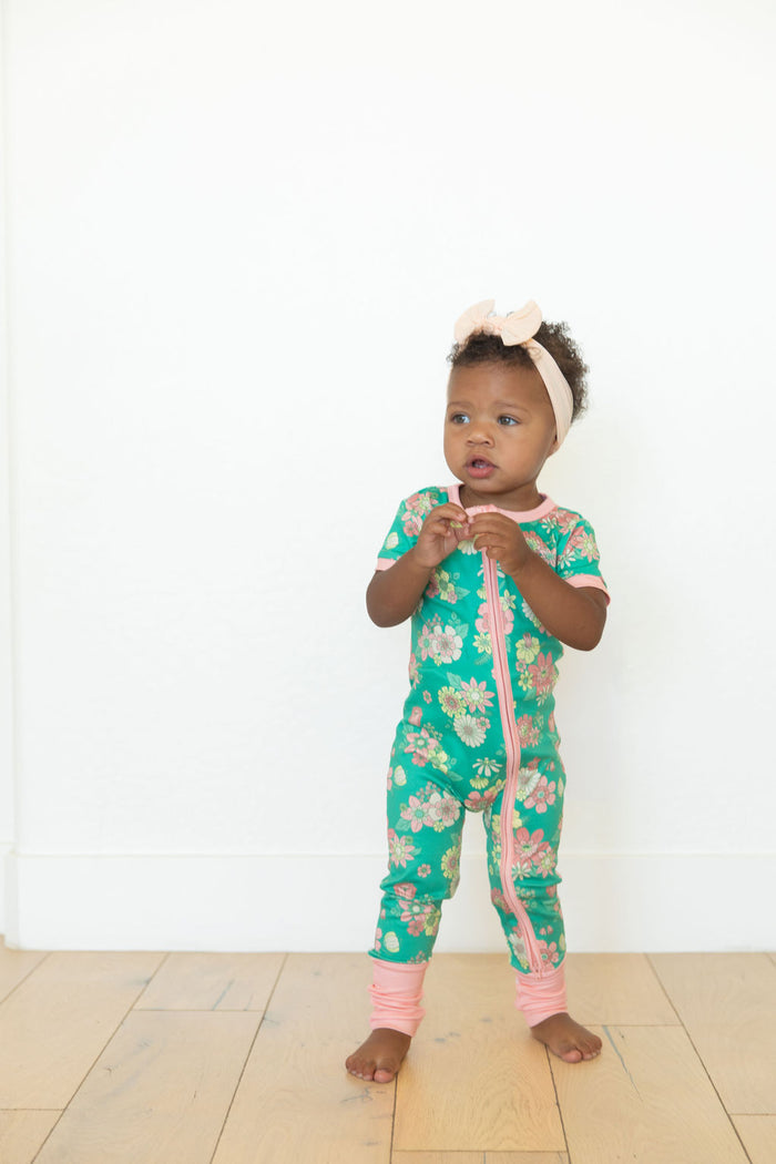 KELLY GREEN + PINK RETRO DAISIES | NEW* SHORT SLEEVE ZIPPER ONE PIECE