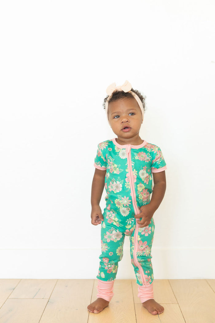 KELLY GREEN + PINK RETRO DAISIES | NEW* SHORT SLEEVE ZIPPER ONE PIECE