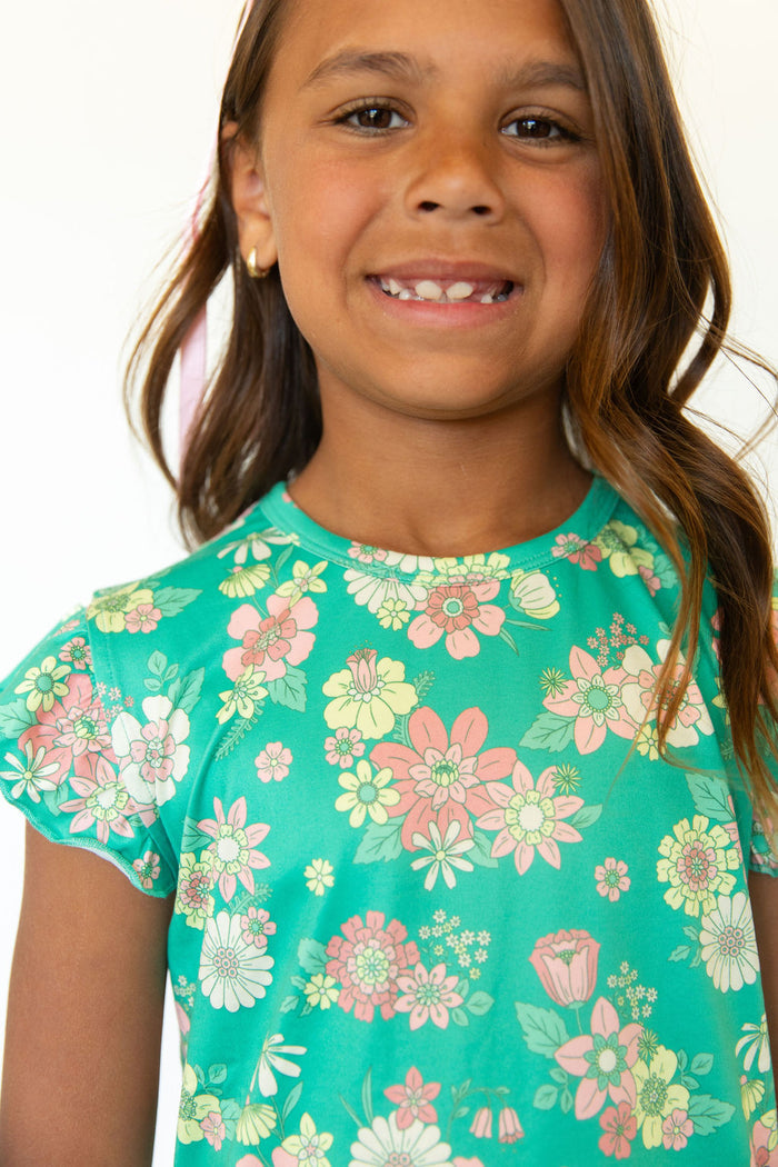 KELLY GREEN + PINK RETRO DAISIES | RUFFLE SHORT SET