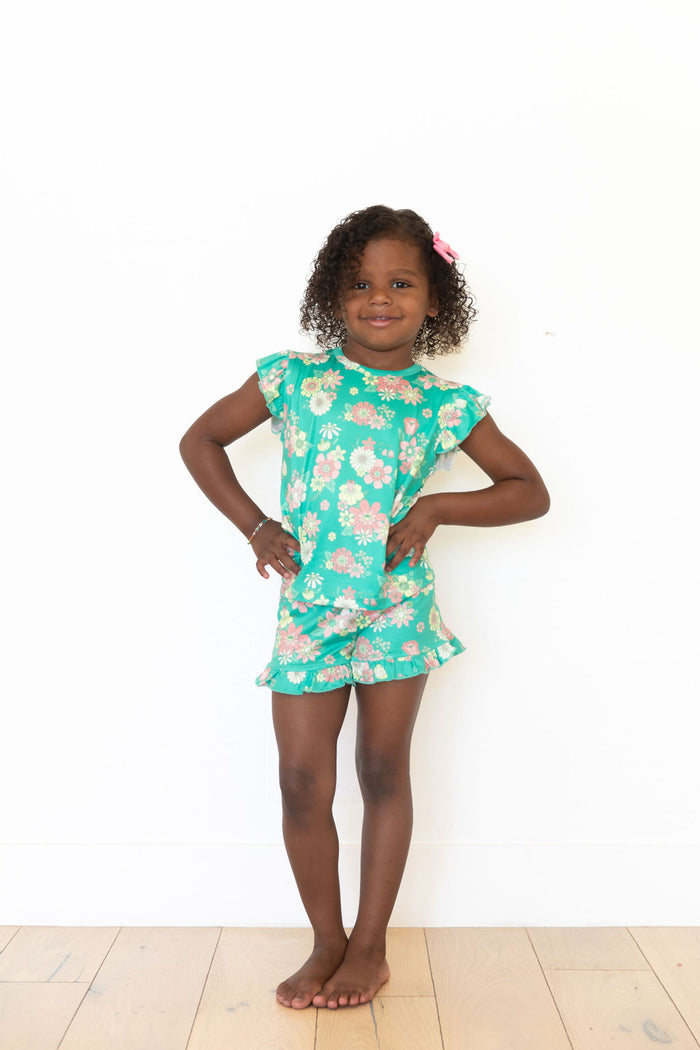 KELLY GREEN + PINK RETRO DAISIES | RUFFLE SHORT SET
