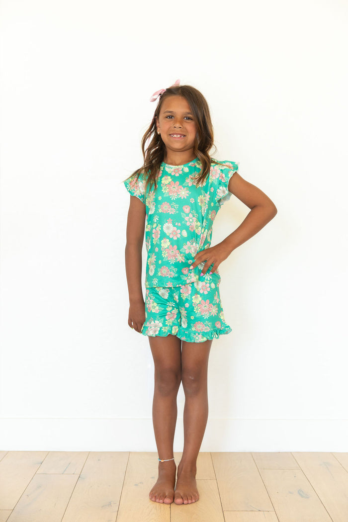 KELLY GREEN + PINK RETRO DAISIES | RUFFLE SHORT SET