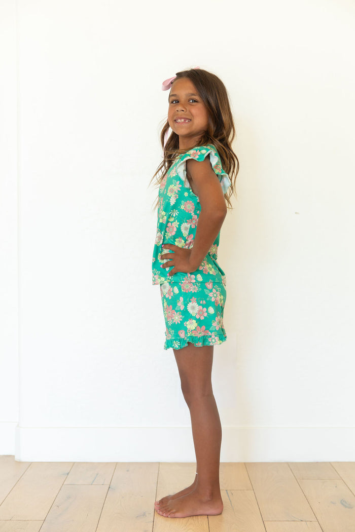 KELLY GREEN + PINK RETRO DAISIES | RUFFLE SHORT SET