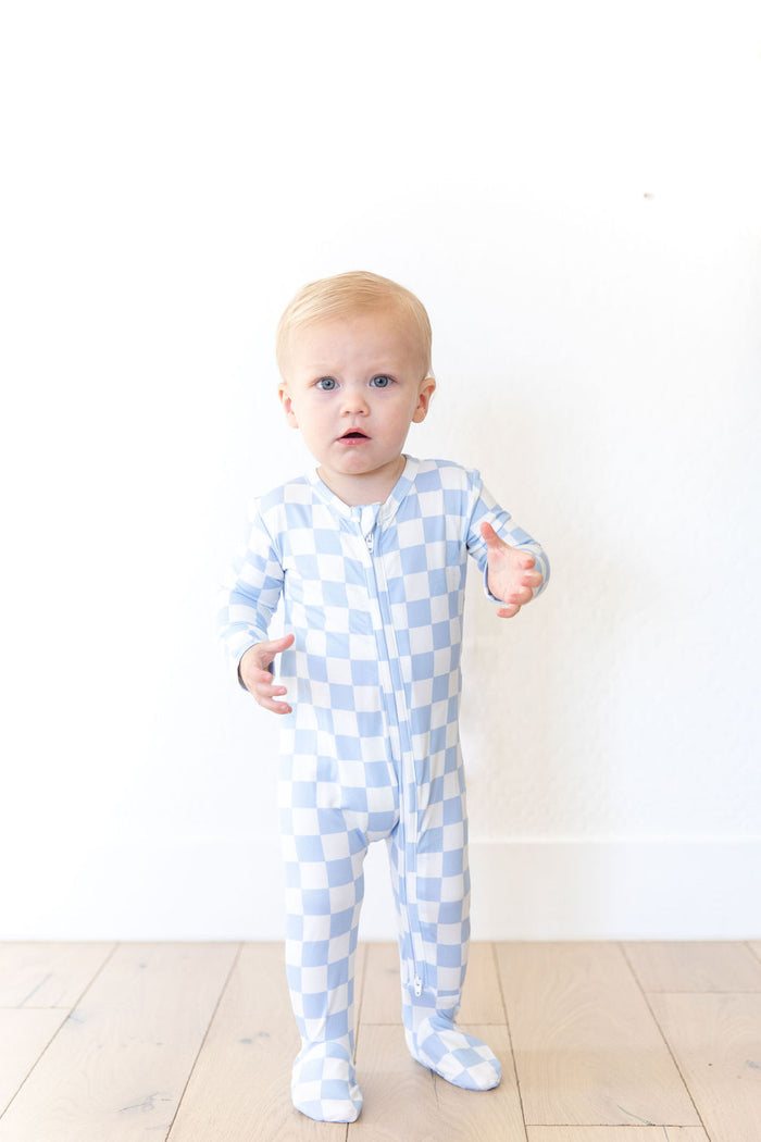 LIGHT BLUE + WHITE CHECKER | FOOTIE ONE PIECE