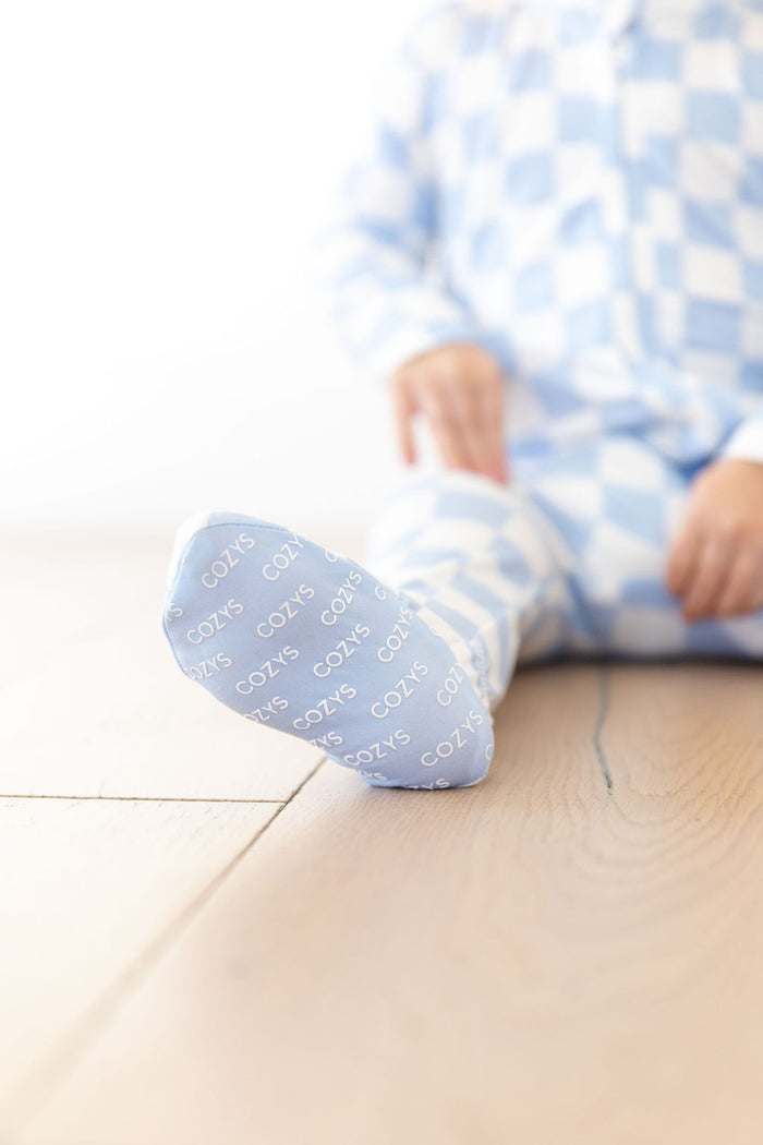 LIGHT BLUE + WHITE CHECKER | FOOTIE ONE PIECE