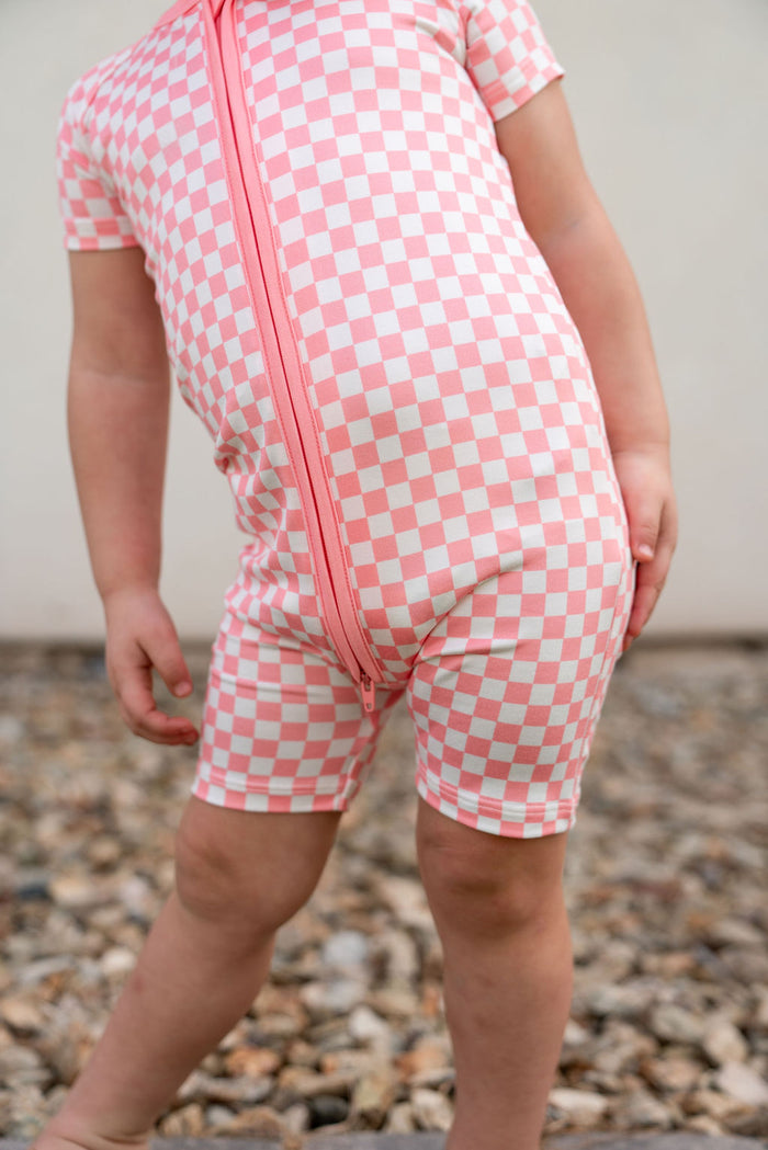 LIGHT PINK + WHITE CHECKER | SHORT ZIPPER ONE PIECE