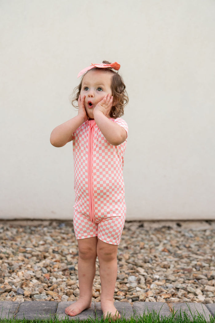 LIGHT PINK + WHITE CHECKER | SHORT ZIPPER ONE PIECE
