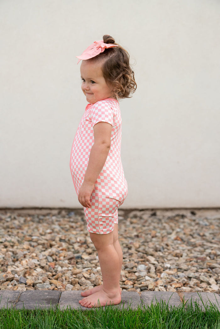 LIGHT PINK + WHITE CHECKER | SHORT ZIPPER ONE PIECE