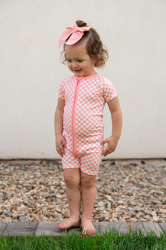 LIGHT PINK + WHITE CHECKER | SHORT ZIPPER ONE PIECE