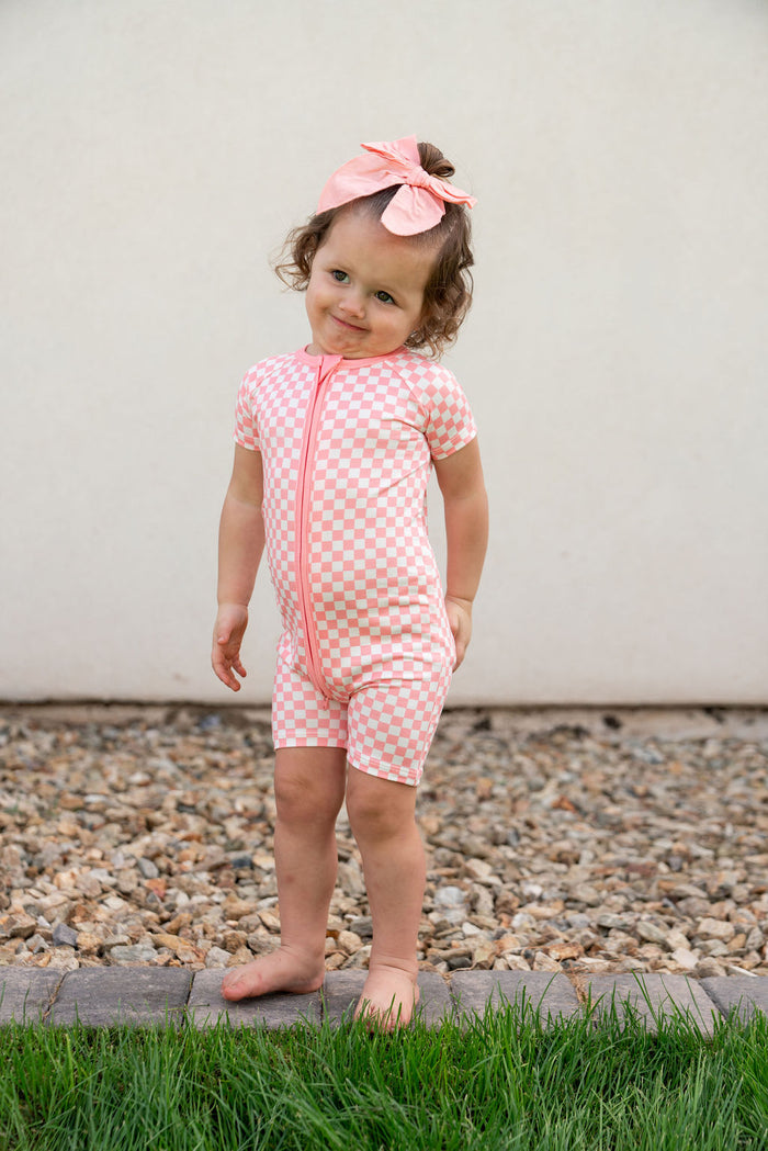 LIGHT PINK + WHITE CHECKER | SHORT ZIPPER ONE PIECE