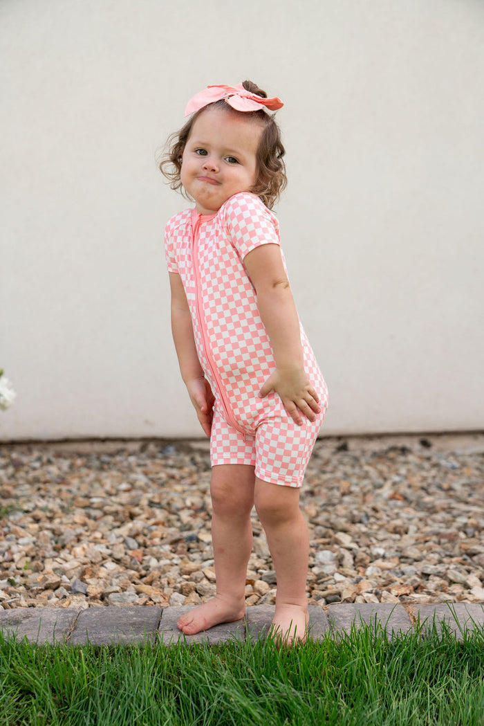 LIGHT PINK + WHITE CHECKER | SHORT ZIPPER ONE PIECE