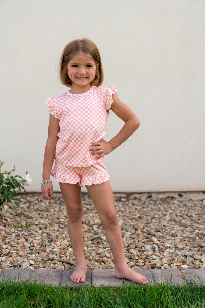LIGHT PINK + WHITE MINI CHECKER | RUFFLE SHORT SET