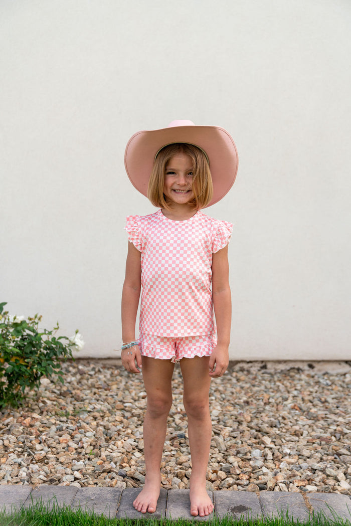 LIGHT PINK + WHITE MINI CHECKER | RUFFLE SHORT SET