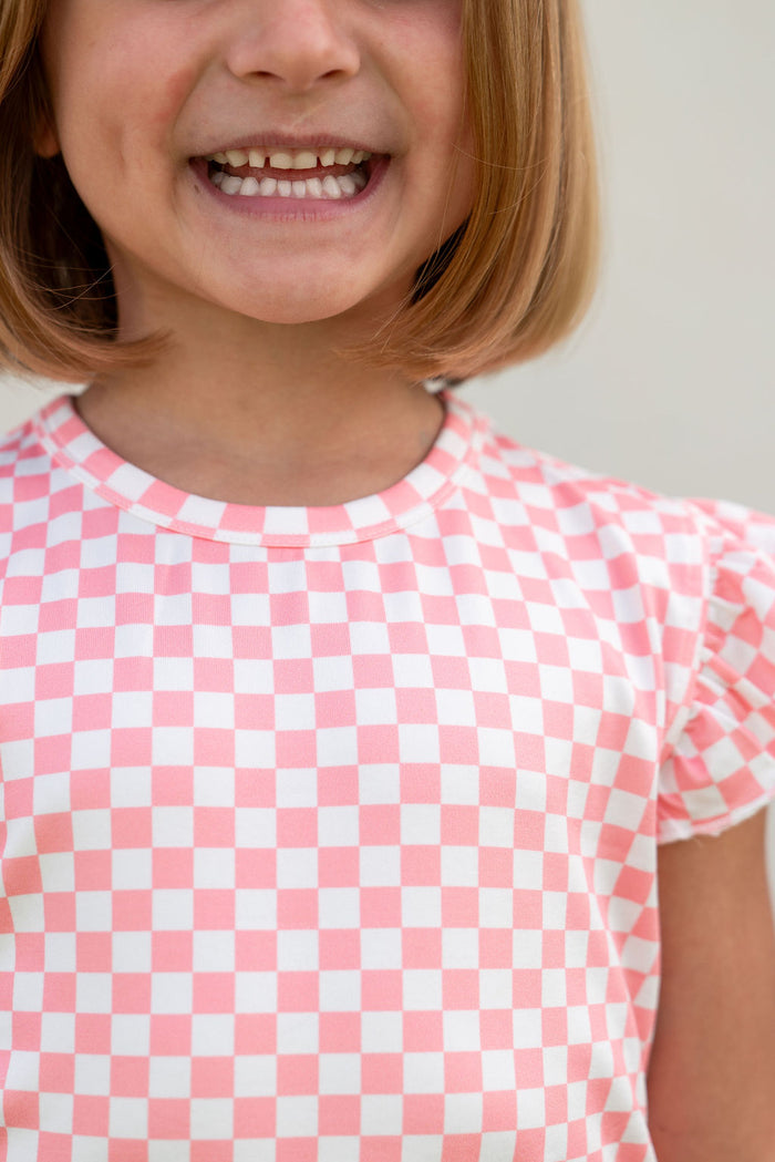LIGHT PINK + WHITE MINI CHECKER | RUFFLE SHORT SET