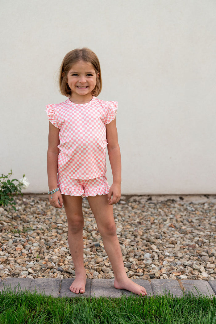LIGHT PINK + WHITE MINI CHECKER | RUFFLE SHORT SET