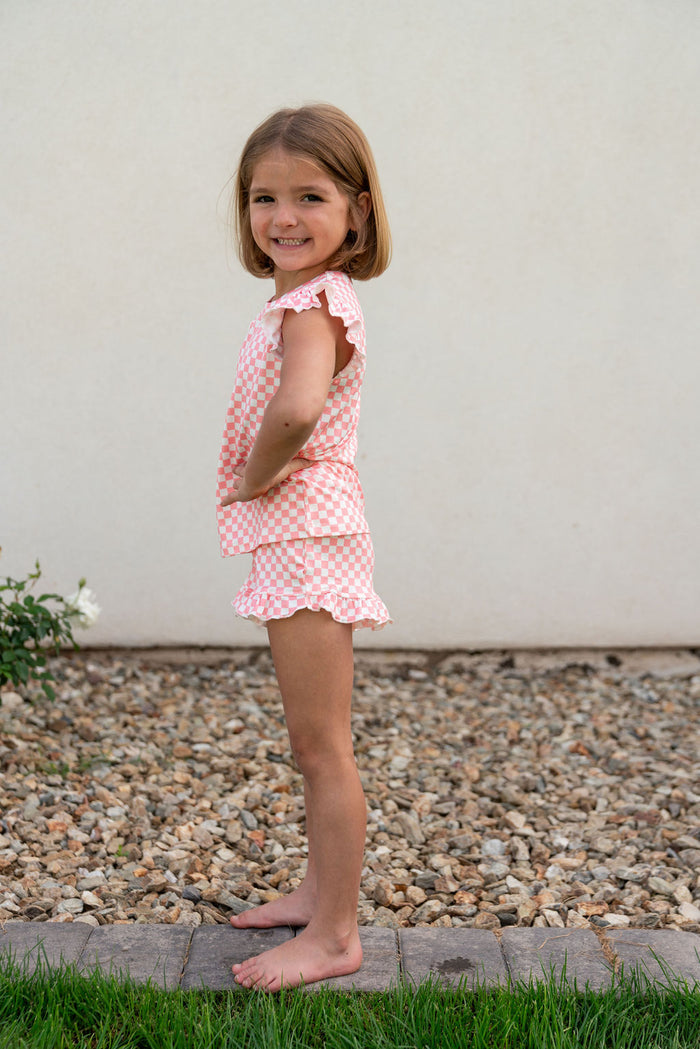 LIGHT PINK + WHITE MINI CHECKER | RUFFLE SHORT SET