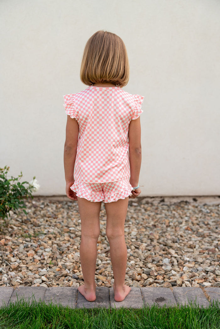 LIGHT PINK + WHITE MINI CHECKER | RUFFLE SHORT SET