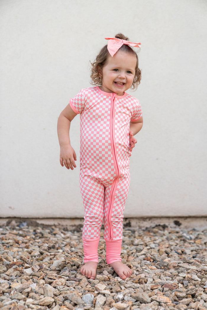 LIGHT PINK + WHITE MINI CHECKER | SHORT SLEEVE ZIPPER ONE PIECE