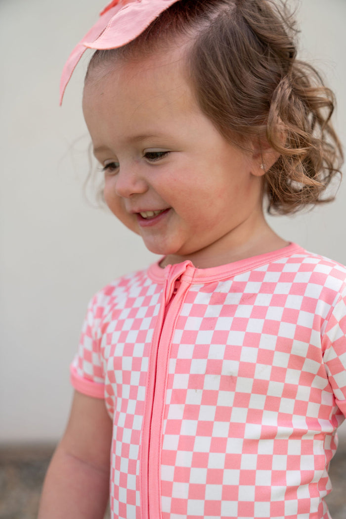 LIGHT PINK + WHITE MINI CHECKER | SHORT SLEEVE ZIPPER ONE PIECE