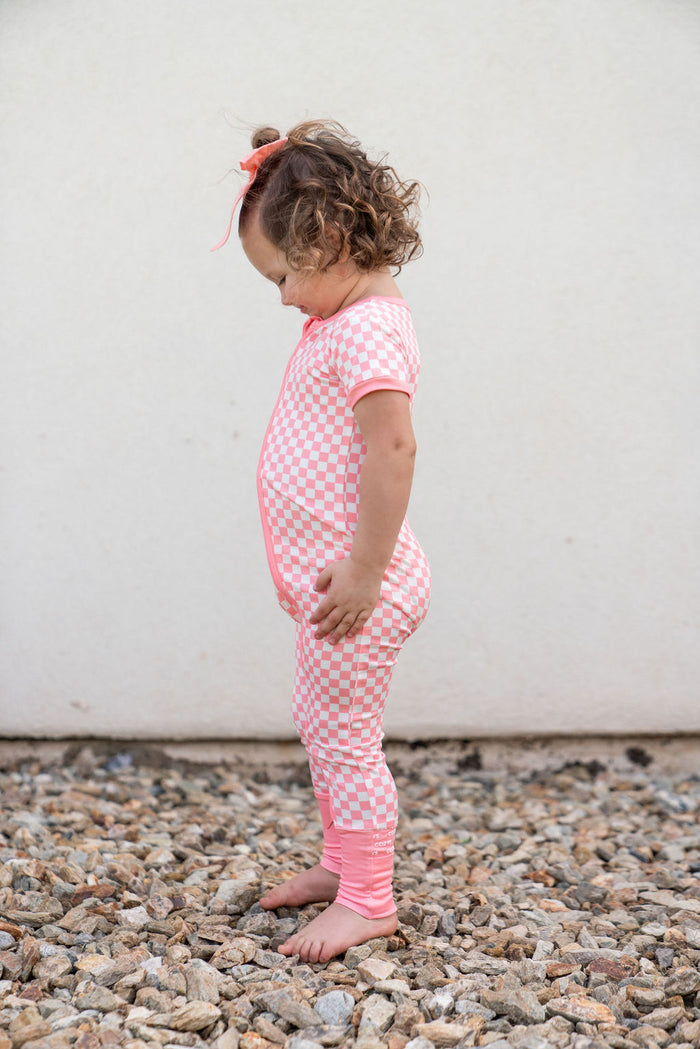 LIGHT PINK + WHITE MINI CHECKER | SHORT SLEEVE ZIPPER ONE PIECE