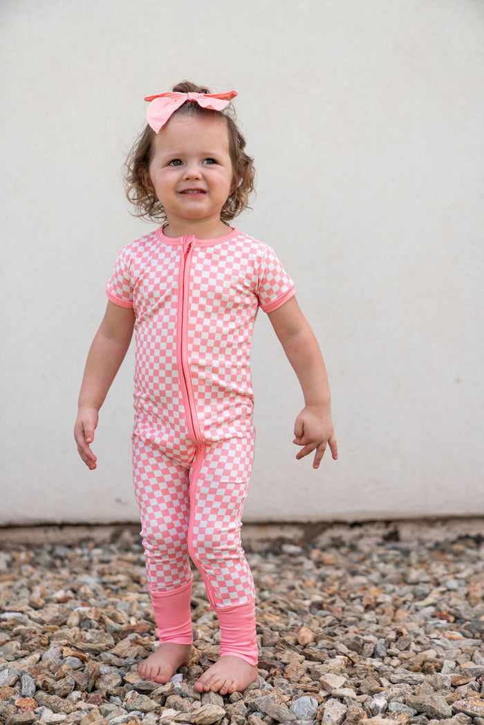 LIGHT PINK + WHITE MINI CHECKER | SHORT SLEEVE ZIPPER ONE PIECE