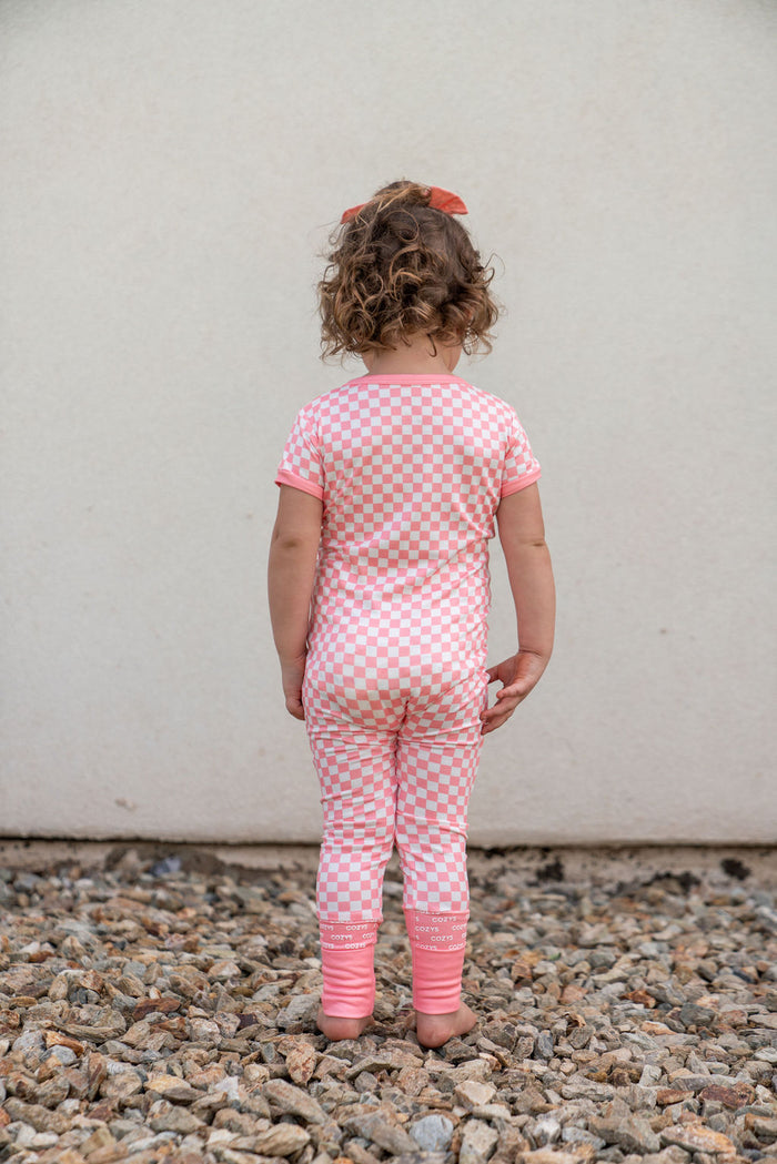 LIGHT PINK + WHITE MINI CHECKER | SHORT SLEEVE ZIPPER ONE PIECE