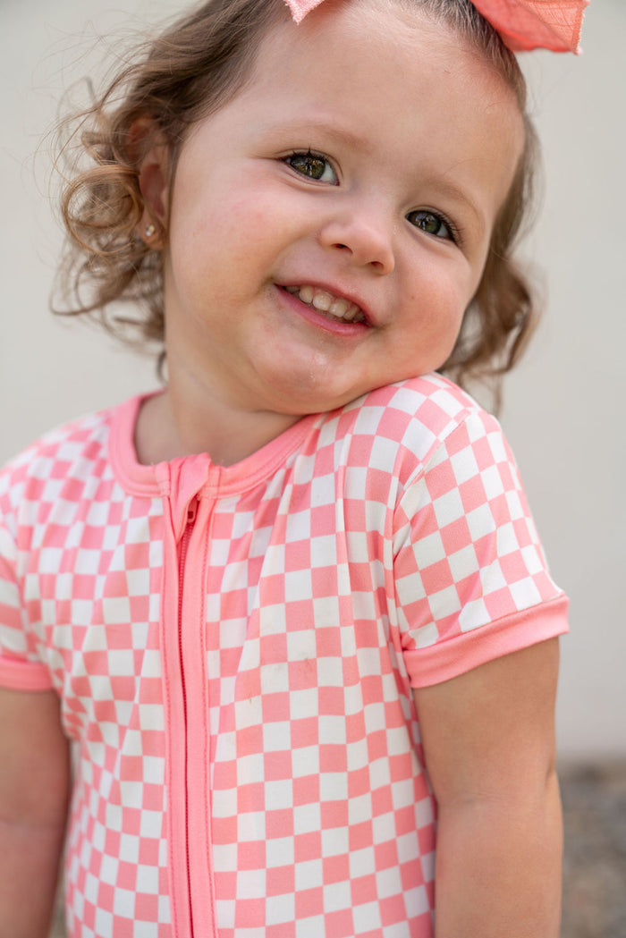 LIGHT PINK + WHITE MINI CHECKER | SHORT SLEEVE ZIPPER ONE PIECE